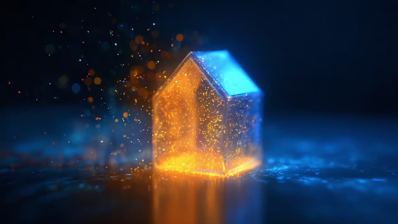 Illuminated House: A Stunning Visual Representation of a Sparkling Home Surrounded by Dynamic Particles, Radiating Beauty and Whimsy Amidst a Dark Background