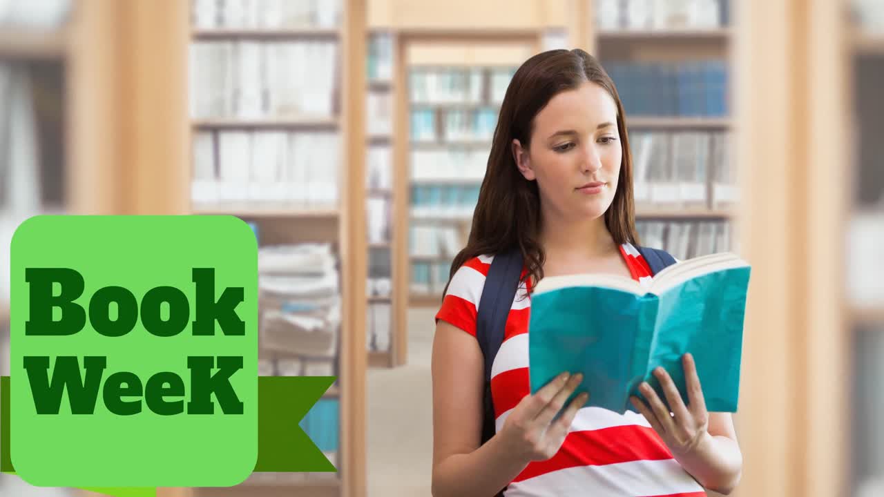 animación del texto de la semana del libro sobre una estudiante caucásica leyendo un libro en la biblioteca