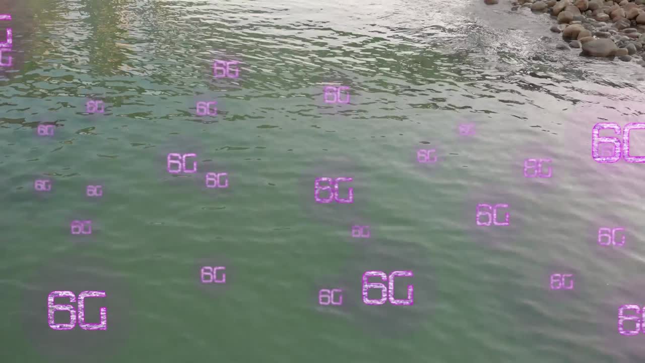 6g 텍스트의 애니메이션 모래 바위 해안과 물 풍경