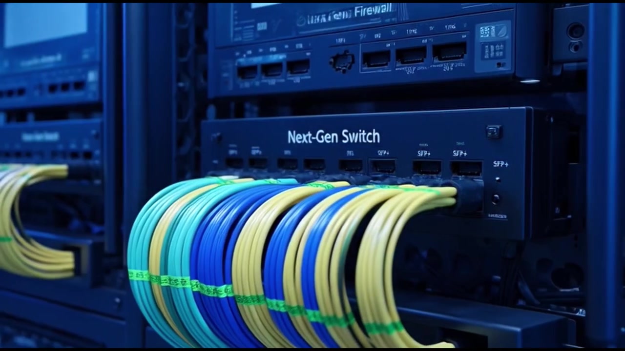 Close-up of Network Server Racks with Flashing LED Lights and Cables