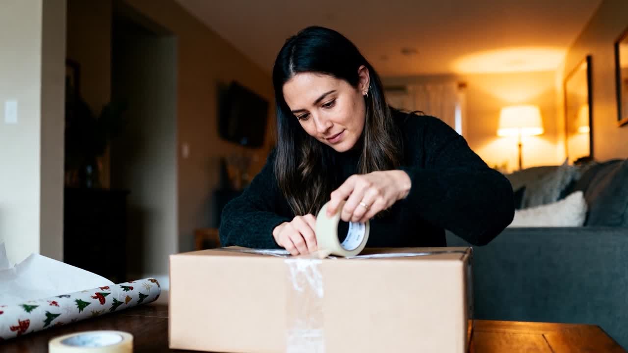 Mulher pegando fita adesiva do rolo e selando uma caixa de papelão em uma mesa, preparando um pacote para envio.