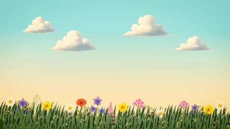 vibrant animated landscape with a bright rainbow, sunny sky, and cheerful flowers. perfect for children's content, positive themes, or magical storytelling.