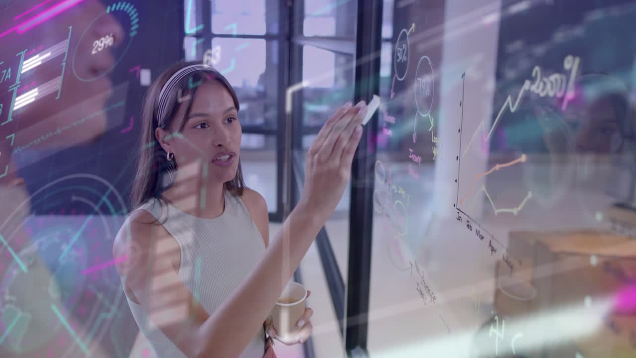 Woman presenting in business, starting explaining charts by pointing whiteboard while HUD animating