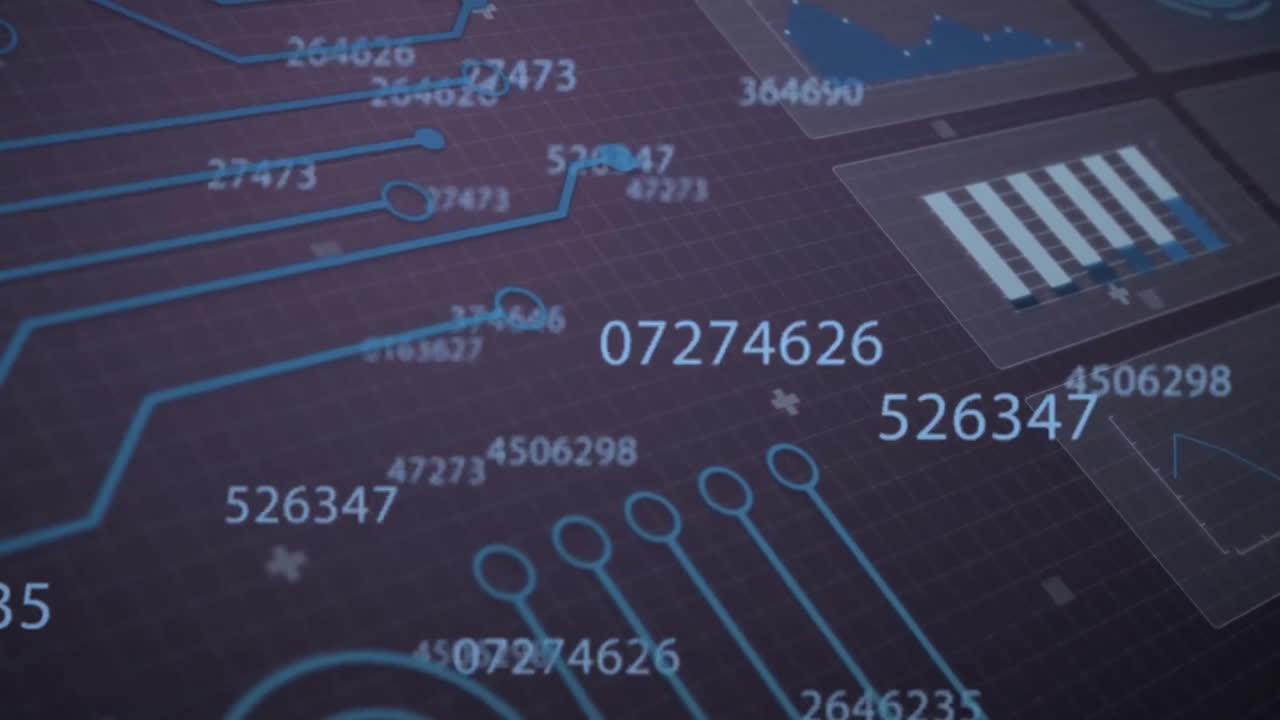 animación de números cambiantes, gráficos y patrones de placas de circuitos sobre un fondo abstracto