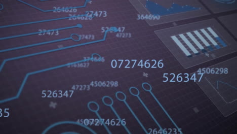 Animation-of-changing-numbers,-graphs-and-circuit-board-pattern-over-abstract-background