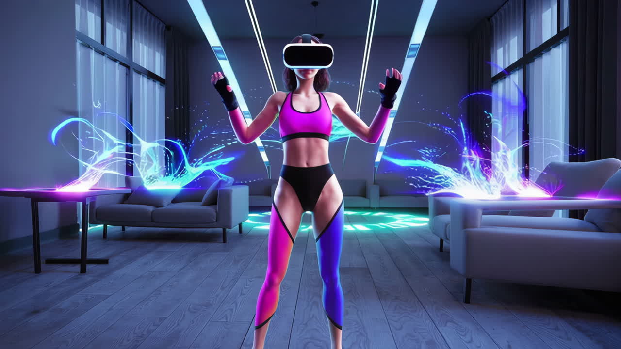 Donna immersa nella realtà virtuale in un soggiorno futuristico