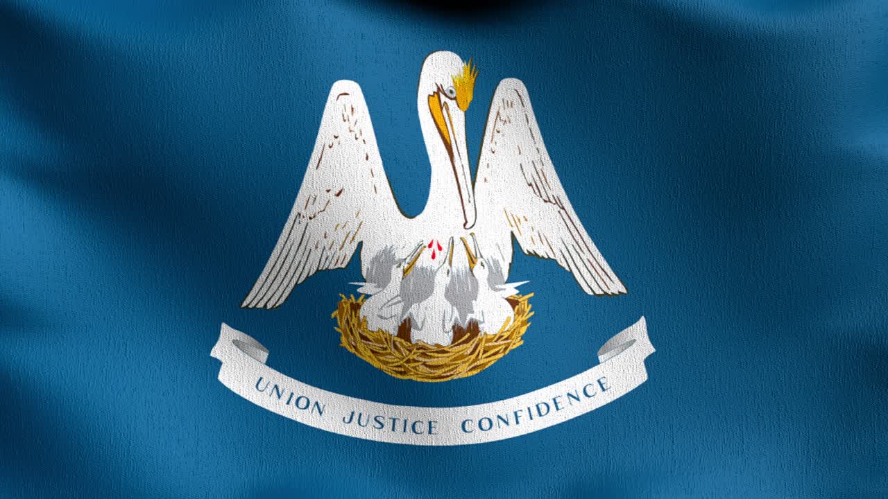 bucle sin costura 4k vdo. bandera del estado de luisiana en los estados unidos de américa, estados unidos, soplando en el viento aislado. diseño abstracto patriótico oficial. ilustración de renderización 3d del símbolo del signo ondulante.