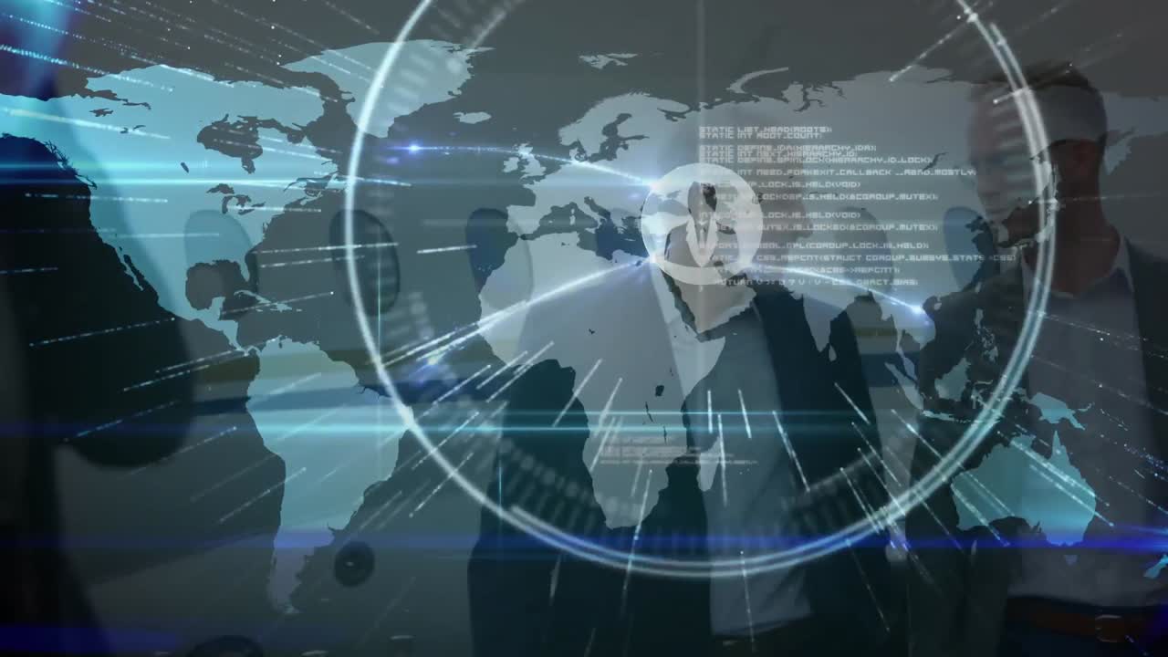 анимация сети связей над картой мира, самолетом и бизнесменами