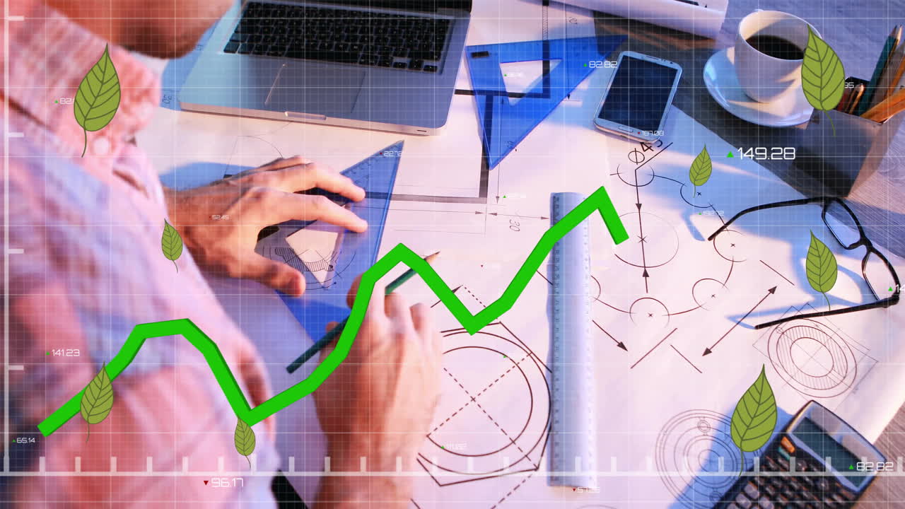 animación de hojas y procesamiento de datos financieros sobre arquitecto masculino biracial