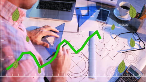 animation of leaves and financial data processing over biracial male architect