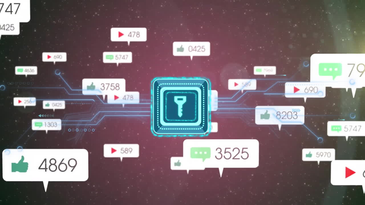 키 아이콘과 소셜 미디어 알림을 가진 마더보드 애니메이션