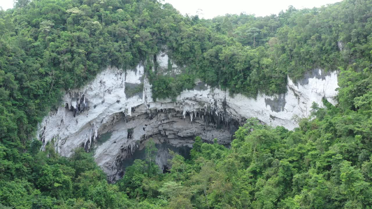 drone volando en una cueva en medio de la jungla de filipinas