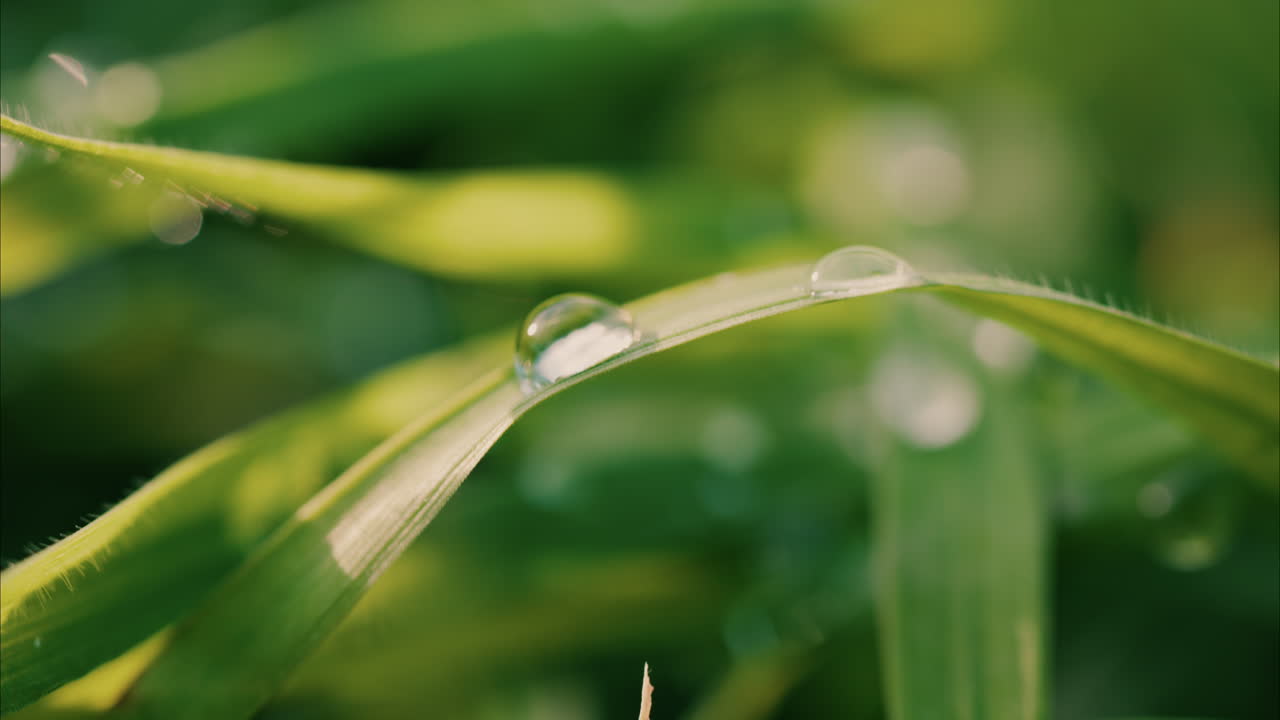 Close up water drops on a green grass leaf blade