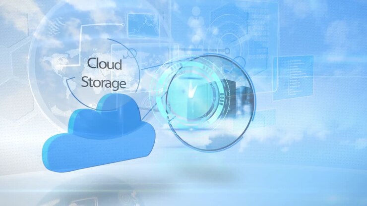 Animation of clock, data processing and world map over clouds