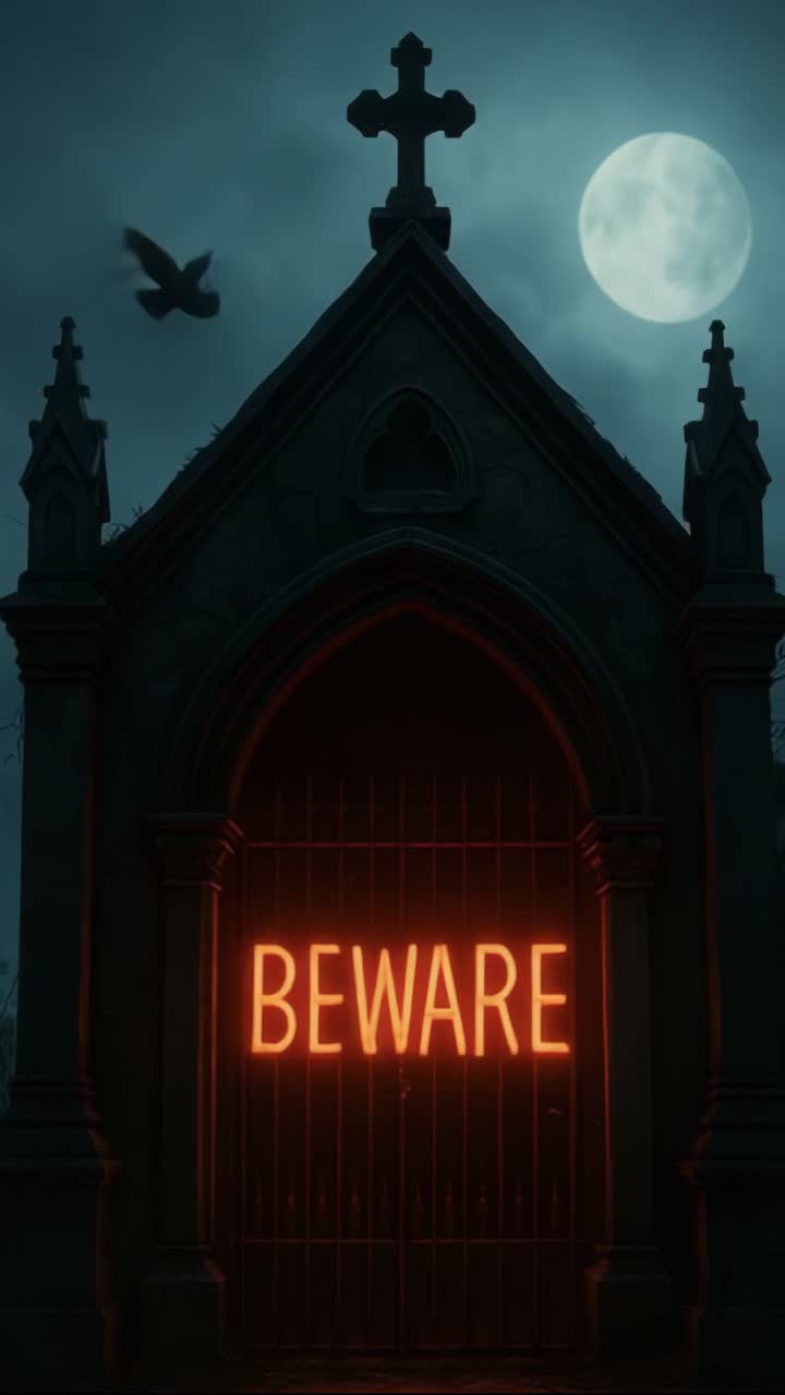 Eerie illuminated sign "BEWARE" on gothic structure under moonlight with dark atmospheric backdrop