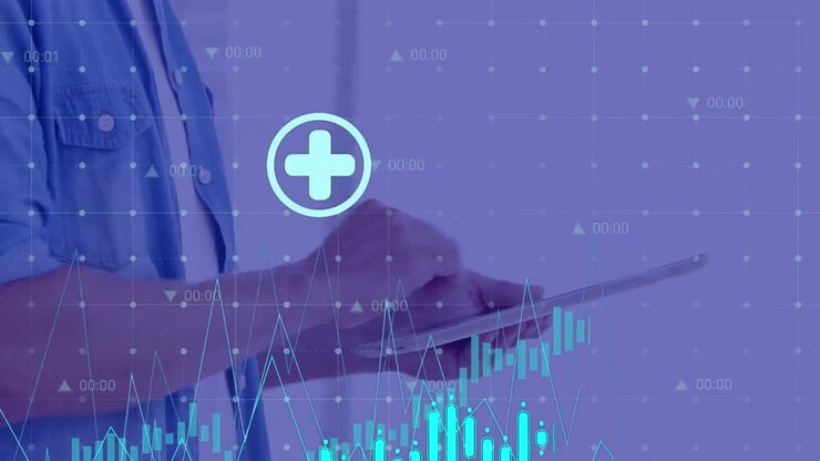 animatie van financiële gegevensverwerking en pictogrammen over zakenman met behulp van tablet op kantoor