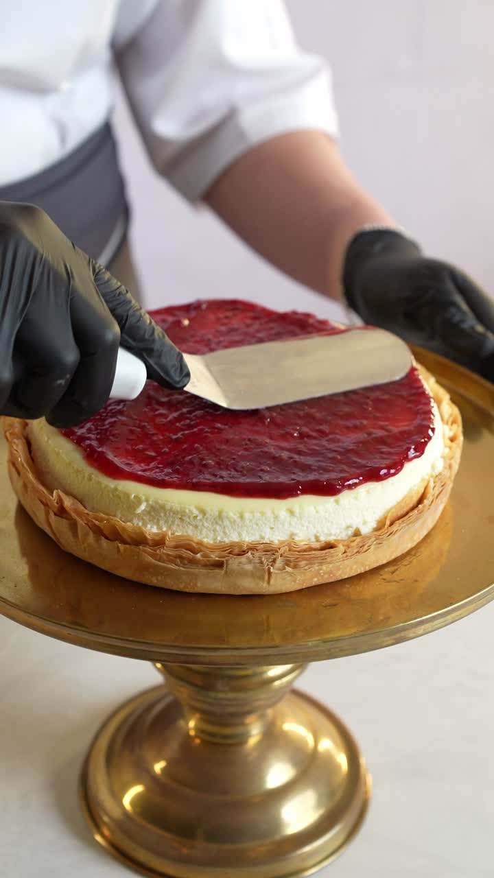 A chief puts Strawberry jam on a cake in a restaurant, close up shot, insert shot