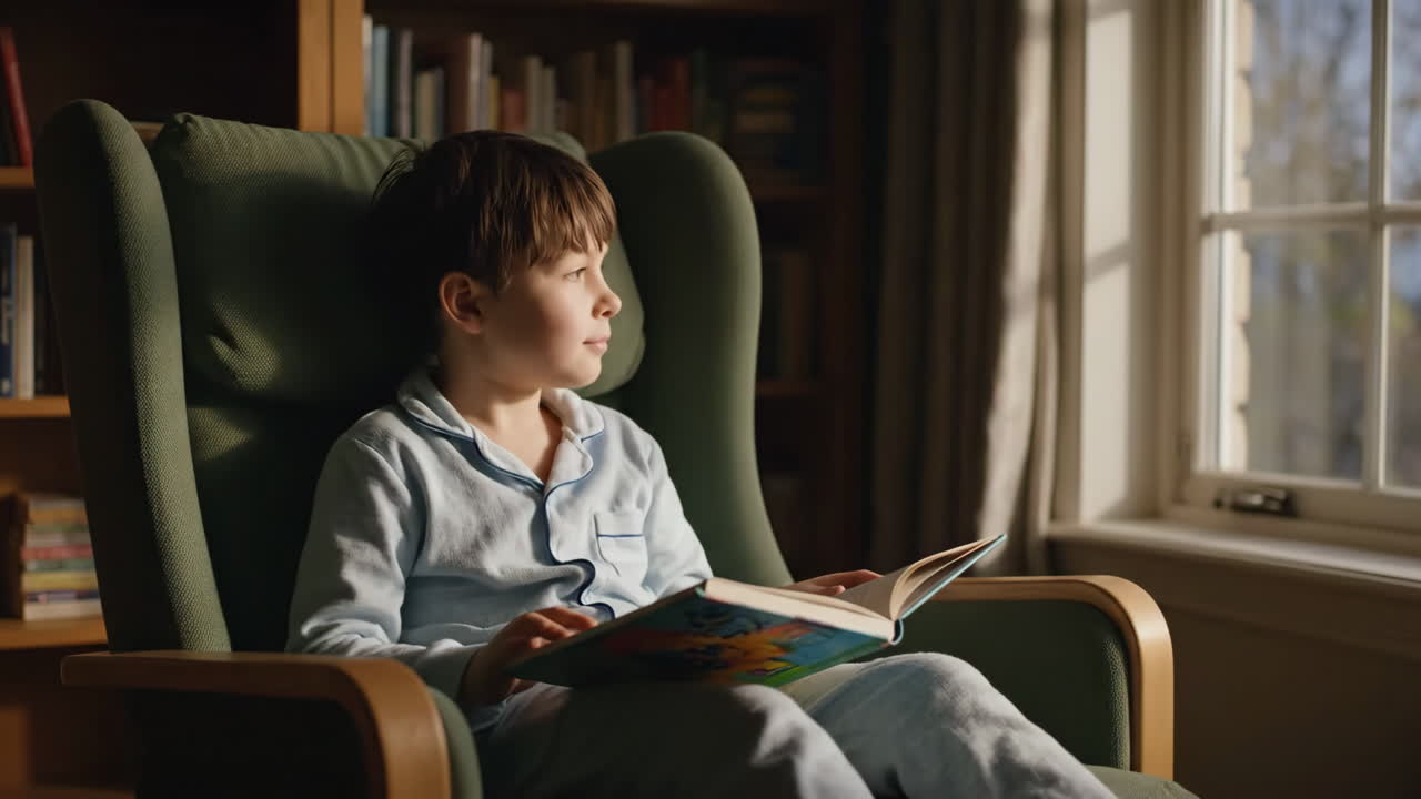 Boy reading a book in a chair