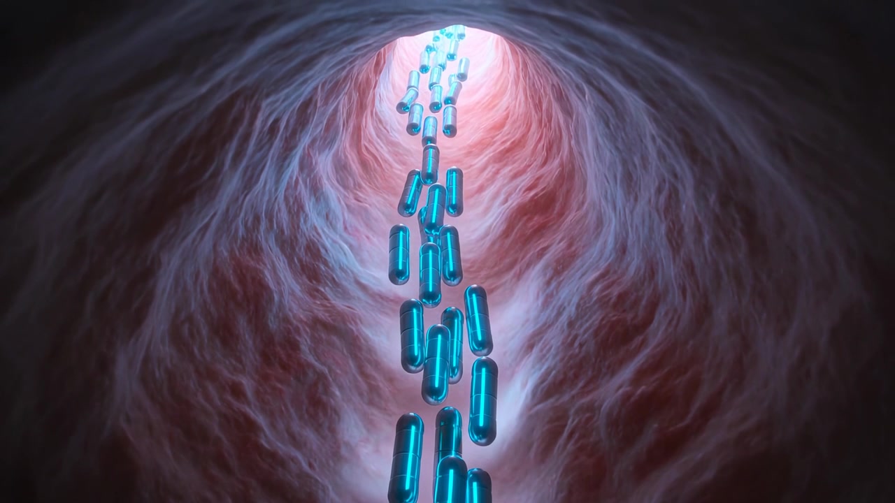 Flowing from bright opening, glossy cyan capsules descending through tunnel, rotating to camera