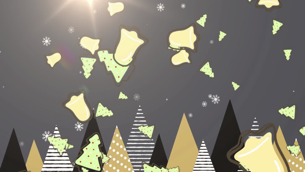 Animated Christmas bells and trees over snowy mountain landscape
