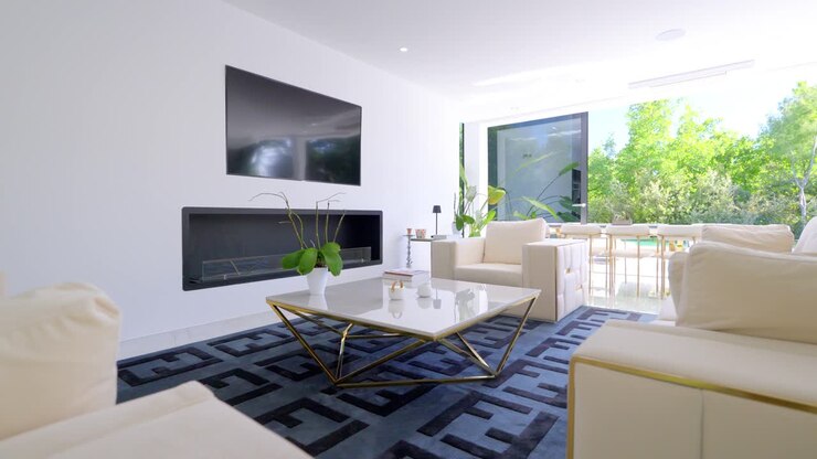 Bellissimi interni moderni ed eleganti di un soggiorno con divani e TV LCD.