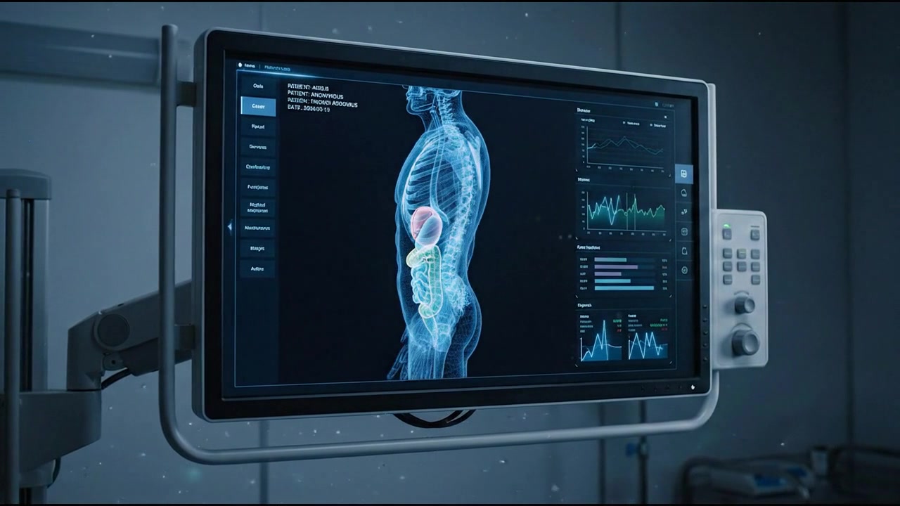 Digital diagnostic monitor displaying transparent torso and internal organs