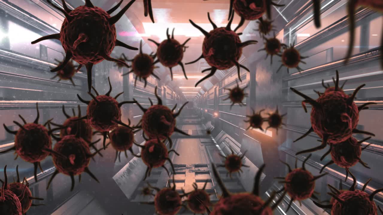 Animation of coronavirus cells over empty classroom