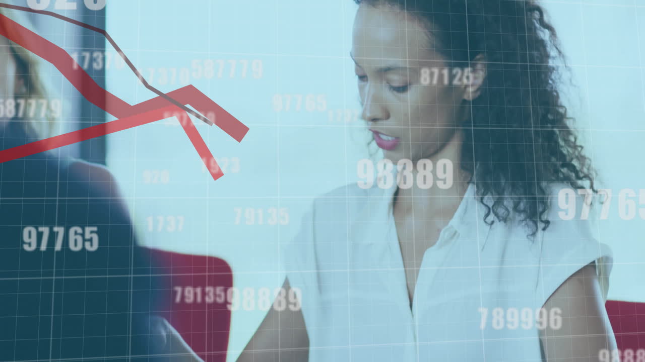 Animation of red lines and data processing over diverse business people in office