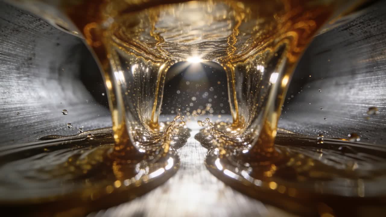 Sciroppo ambrato filante, la gravità forma il liquido in archi e lascia cadere gocce lungo una canalina metallica luccicante