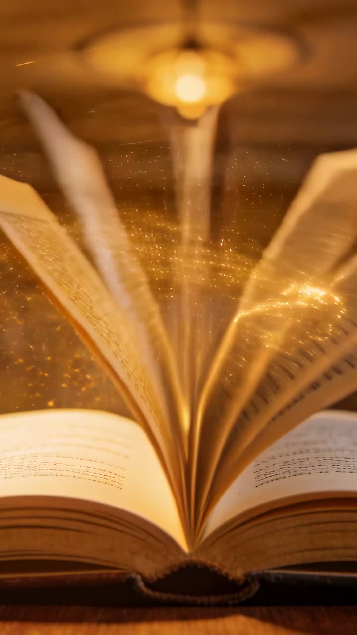 Video verticale: Pagine iniziali che si sfogliano in un libro aperto su un tavolo di legno sotto una lampada calda, con scie dorate