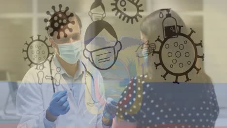 animation of virus cells over caucasian male doctor holding vaccine