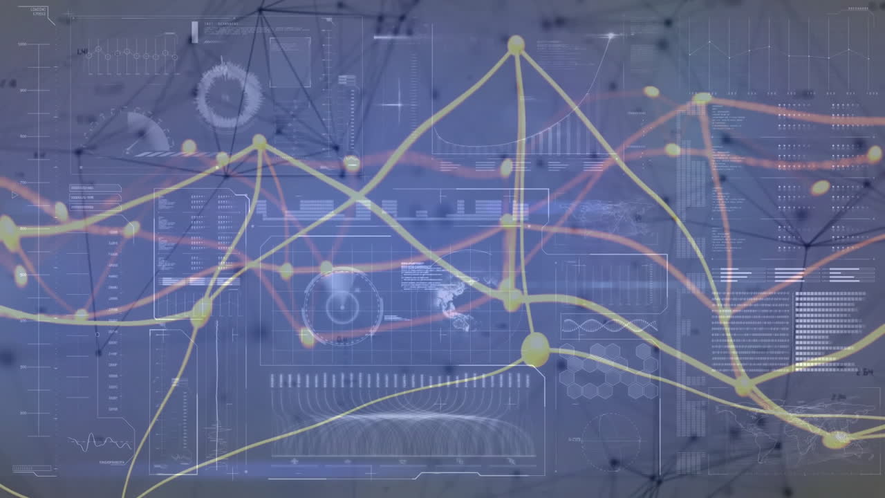 Interface visualizing glowing nodes connecting with lines, overlaying charts and world map grid