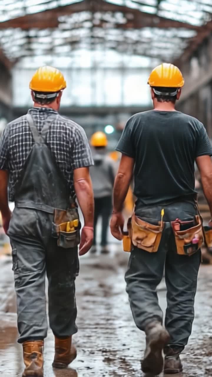 Two Construction Workers Walking Side by Side in an Industrial Setting, Ready to Tackle Their Tasks with Tools and Safety Gear for a Productive Day