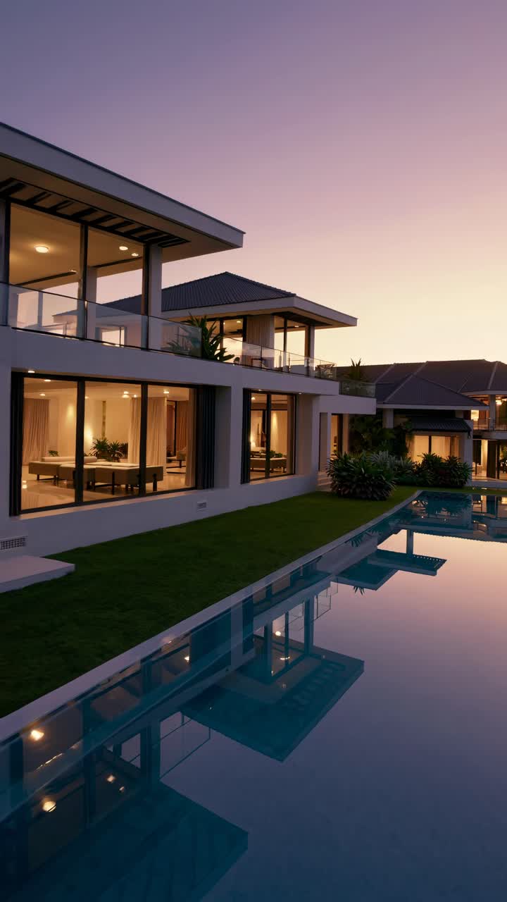 Modern luxury villa at sunset, shot from a low angle. Reflective pool enhances the serene ambiance