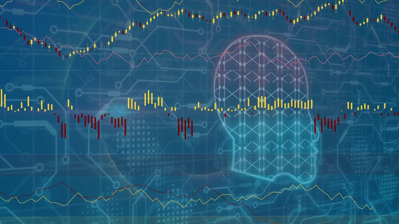 Neon brain glyph fading in, pulsing while analytics charts sliding and settling, showing AI trends