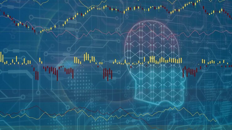 Neon brain glyph fading in, pulsing while analytics charts sliding and settling, showing AI trends