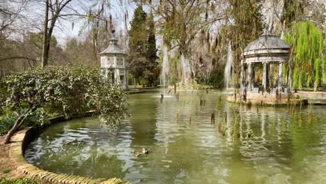 Estanque-Rodeado-De-Vegetación-Con-Chorros-De-Agua-Y-Patos-Con-Un-Pequeño-Templo-De-Mármol-Azul-Y-Una-Llamativa-Casa-Para-Pájaros-Al-Comienzo-De-La-Primavera-En-Aranjuez-Patrimonio-Cultural-Mundial-Madrid-España