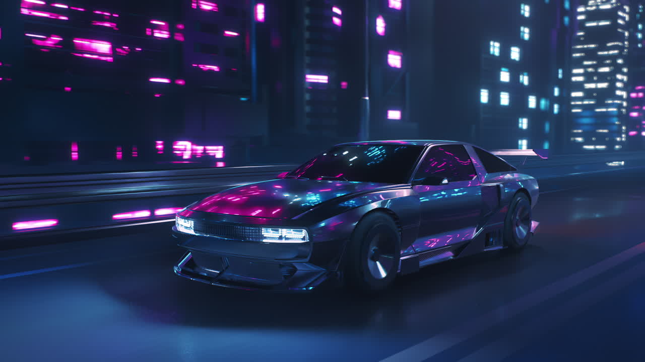 Loop di un'auto che guida per le strade della città di notte con luci al neon e in stile cyberpunk.