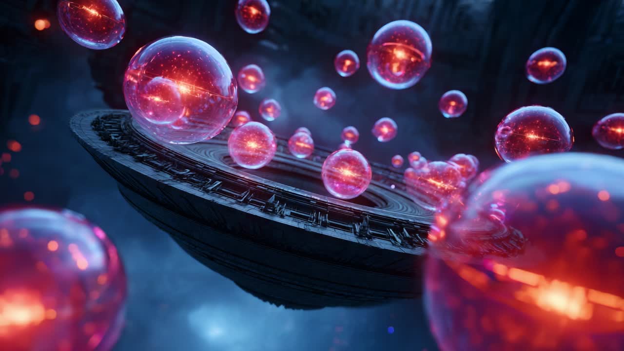 A Mysterious UFO Surrounded by Glowing Red Spheres in an Enigmatic Dark Environment, Emanating a Captivating Sci-Fi Aesthetic that Evokes Wonder and Curiosity About Otherworldly Phenomena