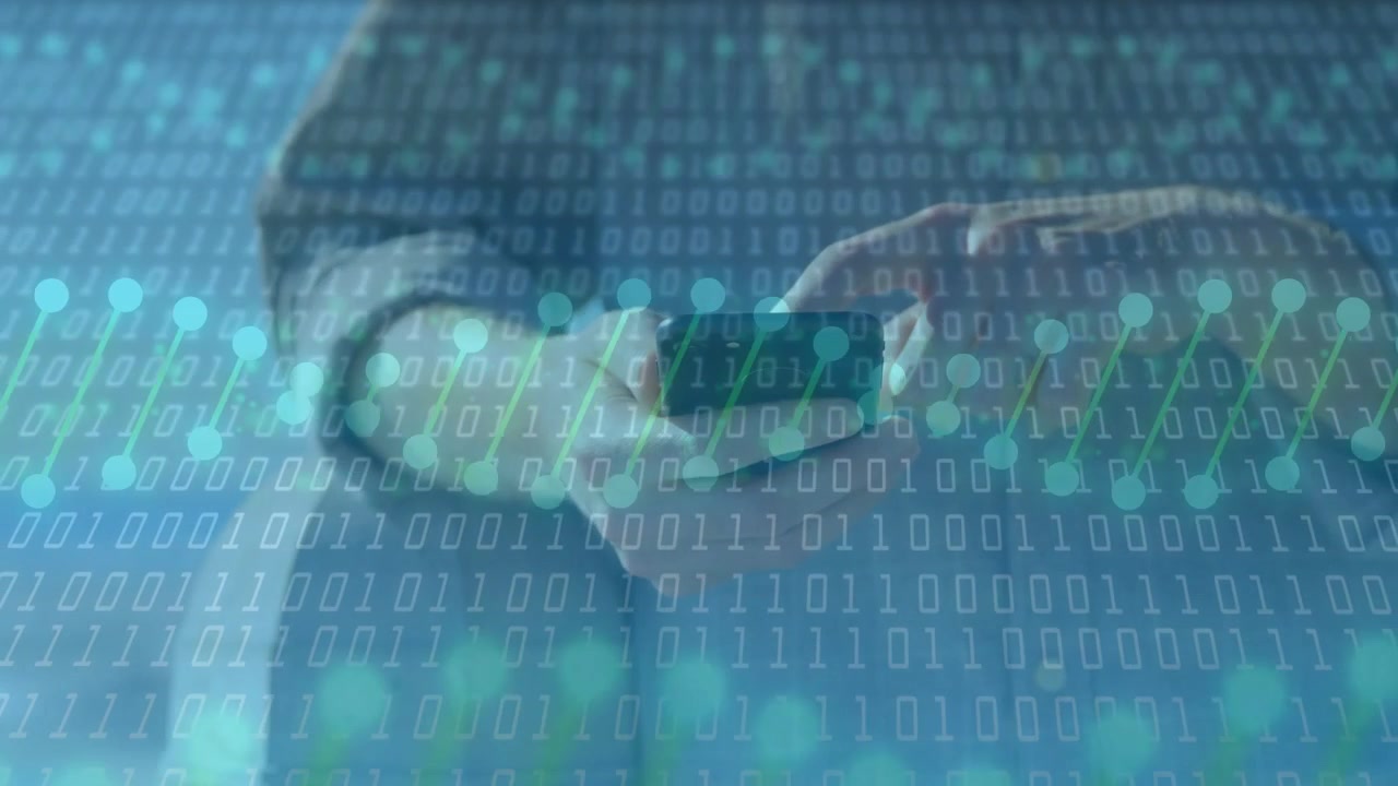 Man holding phone flat and tapping screen, showing binary overlay over hands while navigating data