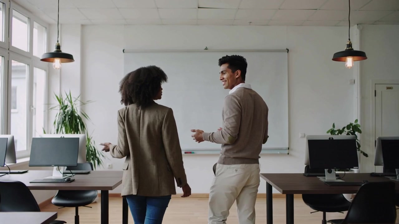 Walking two coworkers in blazer and sweater planning layout in open office, pointing at whiteboard