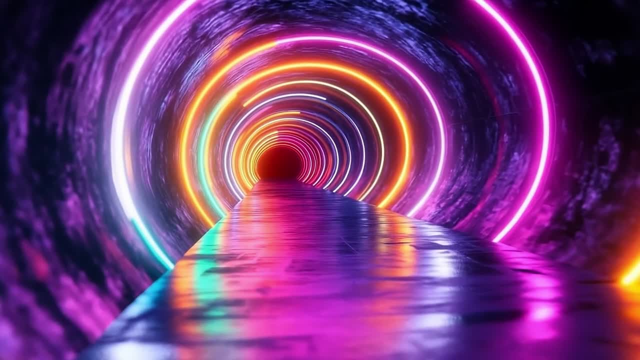 Neon tunnel with reflective path. A neon-lit tunnel creates a mesmerizing vibe with its reflective surfaces enhancing the depth.