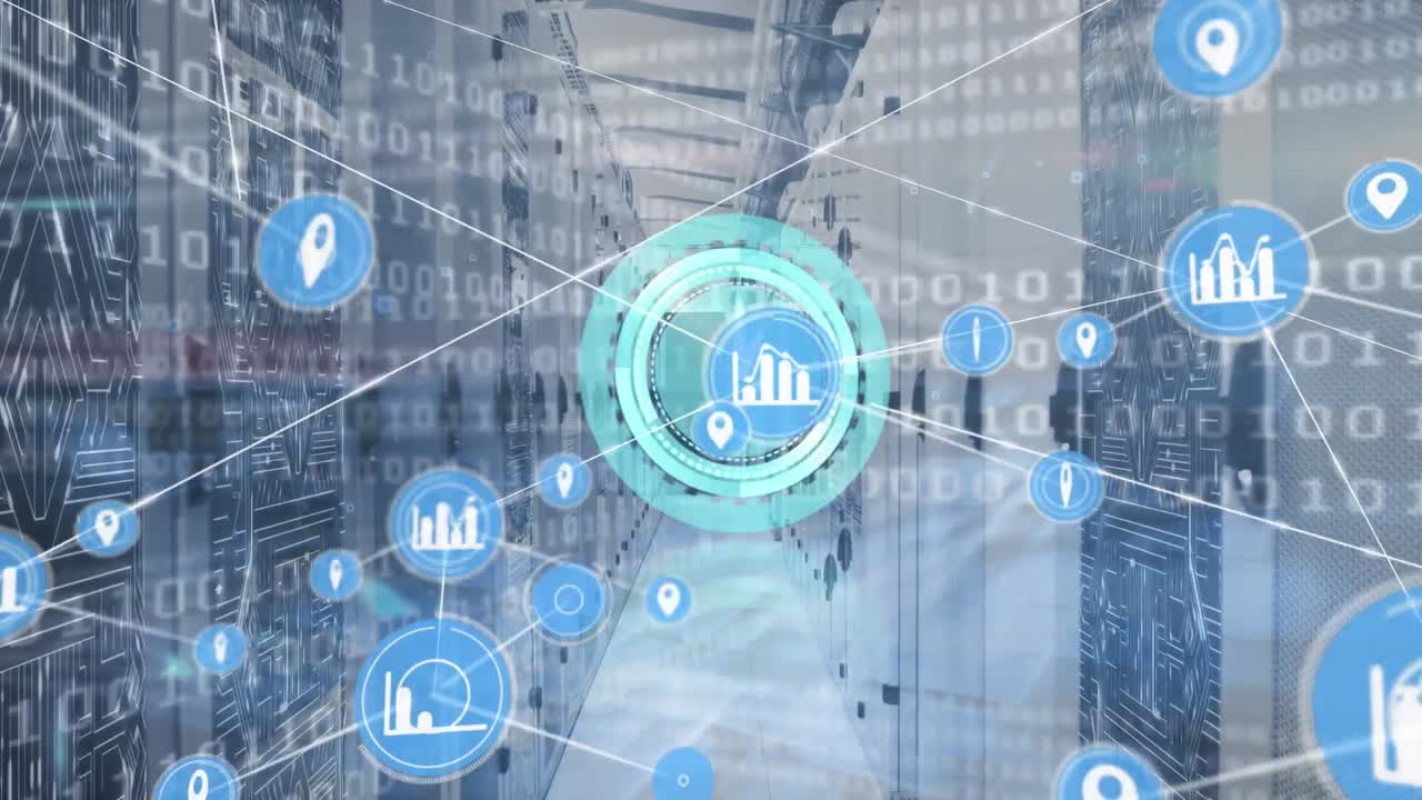 animación de la red de conexión con iconos sobre la sala del servidor