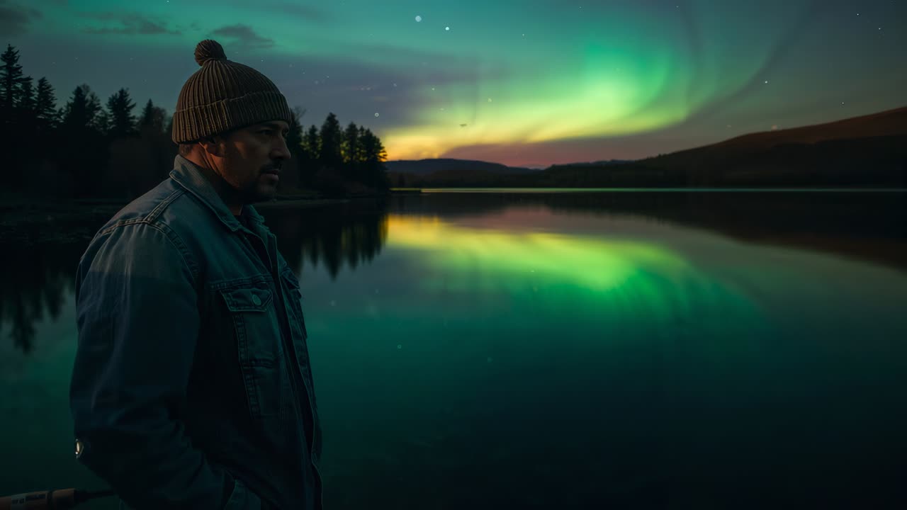 Turning man wearing pompom beanie and denim jacket leaning at lake as aurora rising, copy space