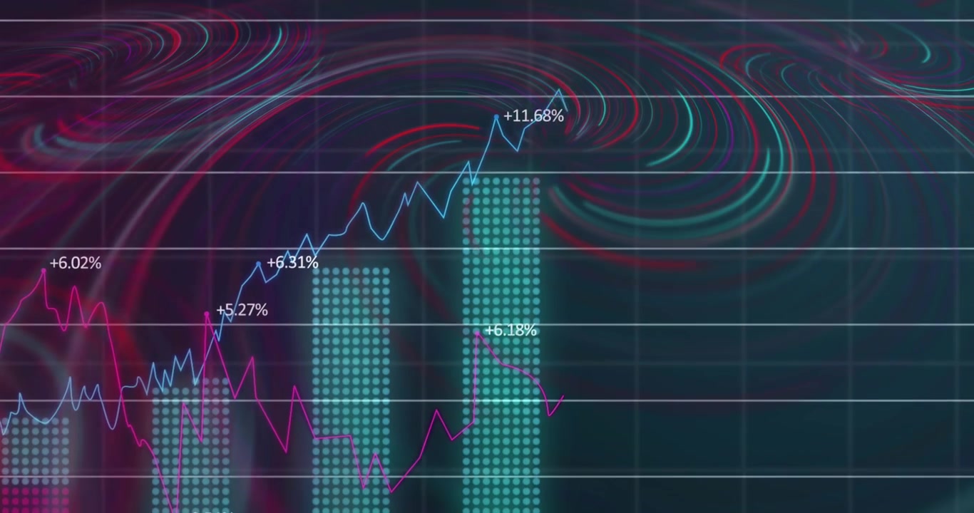 Animation of waves over financial data on black background