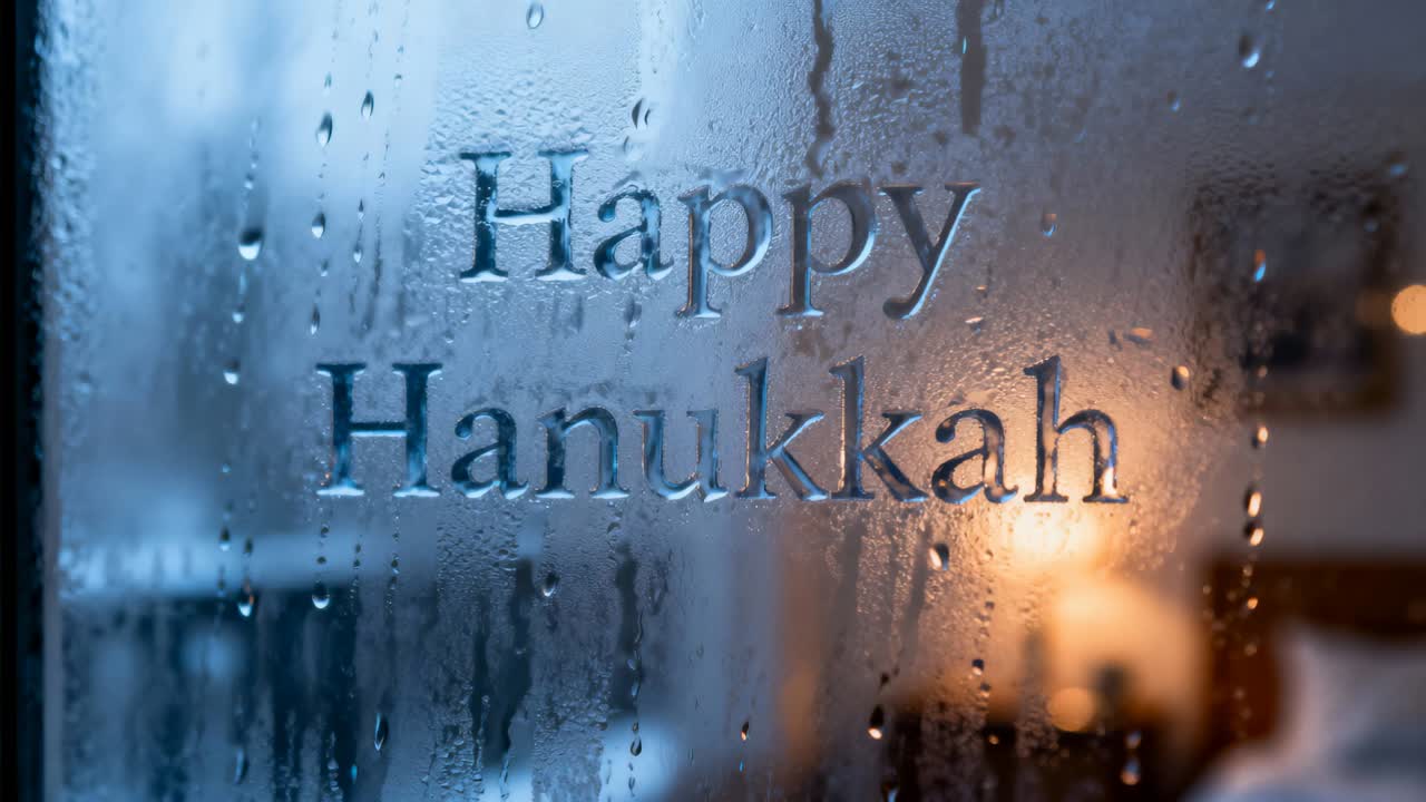 Condensing fogged glass pane forming droplets and streaks from outside at home, with Happy Hanukkah
