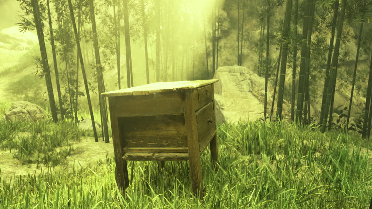 Wooden table surrounded by lush greenery in a serene forest setting