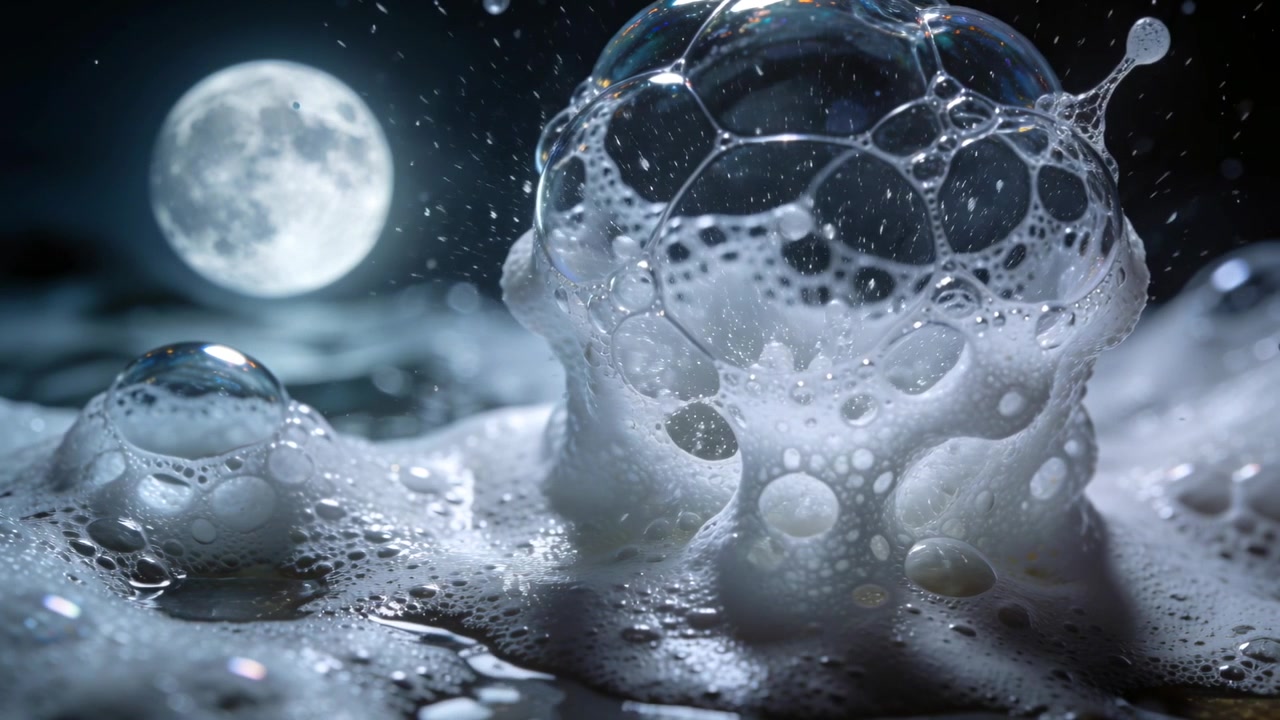 Schiuma in movimento, reticolo di bolle che si espande su una superficie bagnata al chiaro di luna, bolla a cupola a sinistra, goccioline.