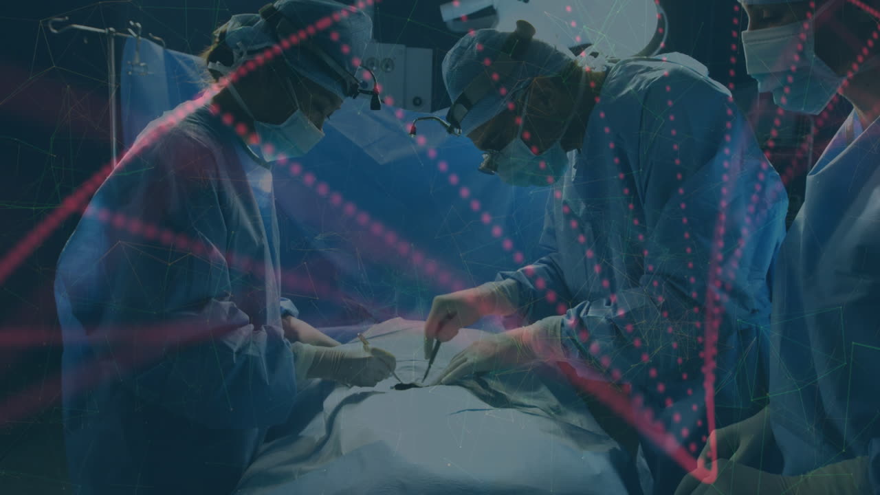 얼굴 마스크를 입은 백인 외과 의사 위에 있는 dna 가닥의 애니메이션