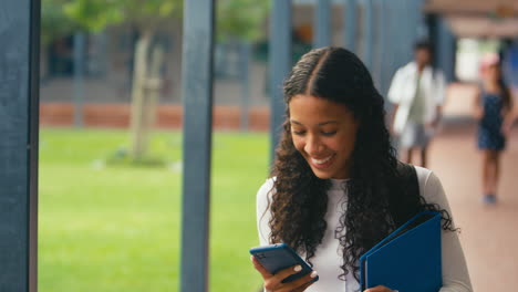 female high school or secondary student looking at social media or internet on phone outdoors
